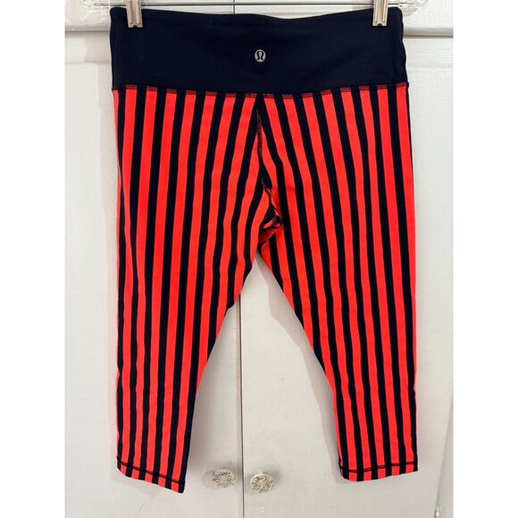 Lululemon Wunder Under Crop Leggings, Navy Blue with Neon Orange Stripe, Size 8 - Picture 5 of 10